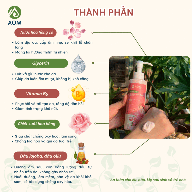 Thành phần Sữa dưỡng thể hoa hồng cổ AOM